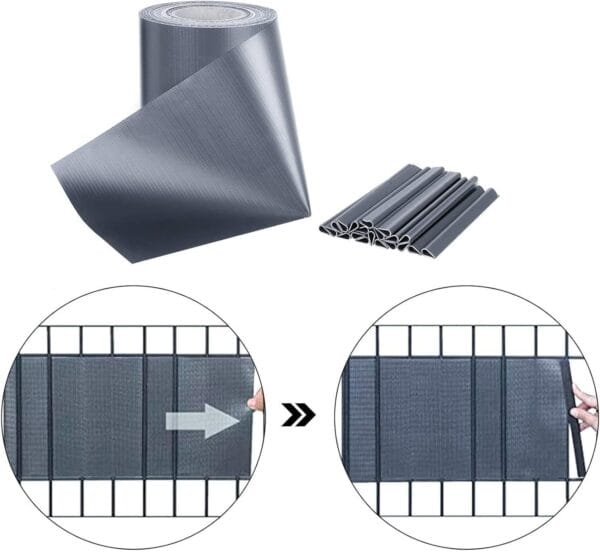 PVC trak za panelno ograjo antracit 450 g/m2 19 cm – komplet s sponkami in primer montaže